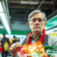 Shopper examining price tags in a grocery store, reflecting steady US consumer inflation expectations.
