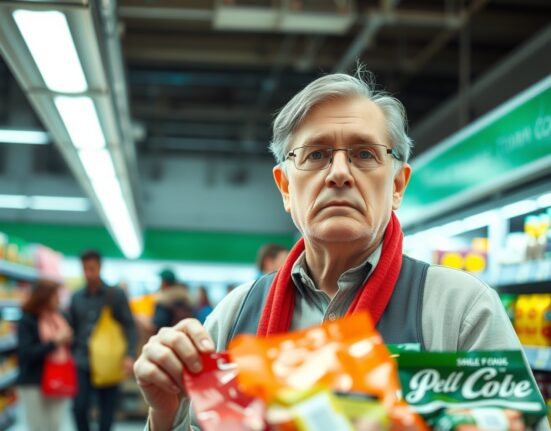 Shopper examining price tags in a grocery store, reflecting steady US consumer inflation expectations.
