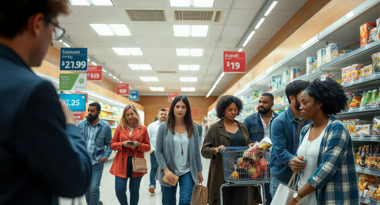 Consumers shopping in a grocery store, with price tags visible, representing inflation expectations.