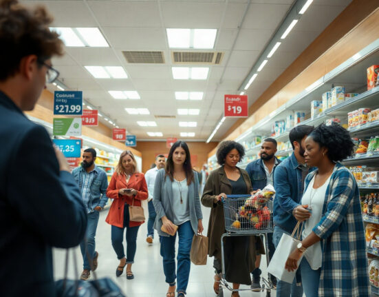 Consumers shopping in a grocery store, with price tags visible, representing inflation expectations.