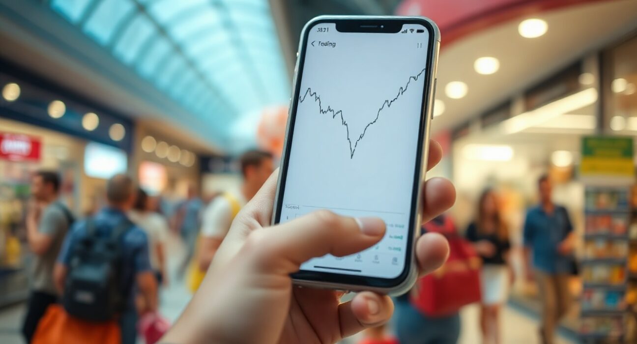Hand holding smartphone showing declining consumer sentiment chart