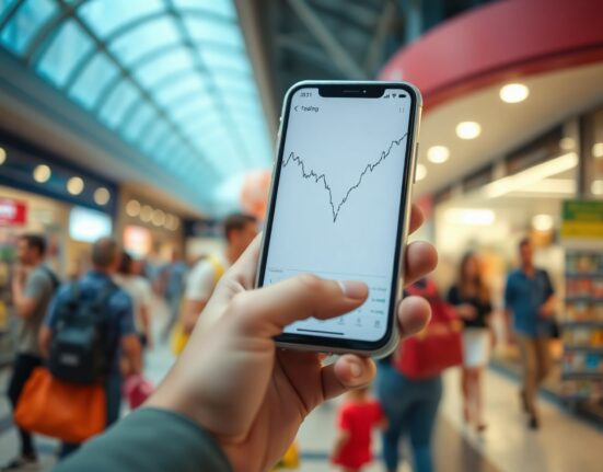 Hand holding smartphone showing declining consumer sentiment chart
