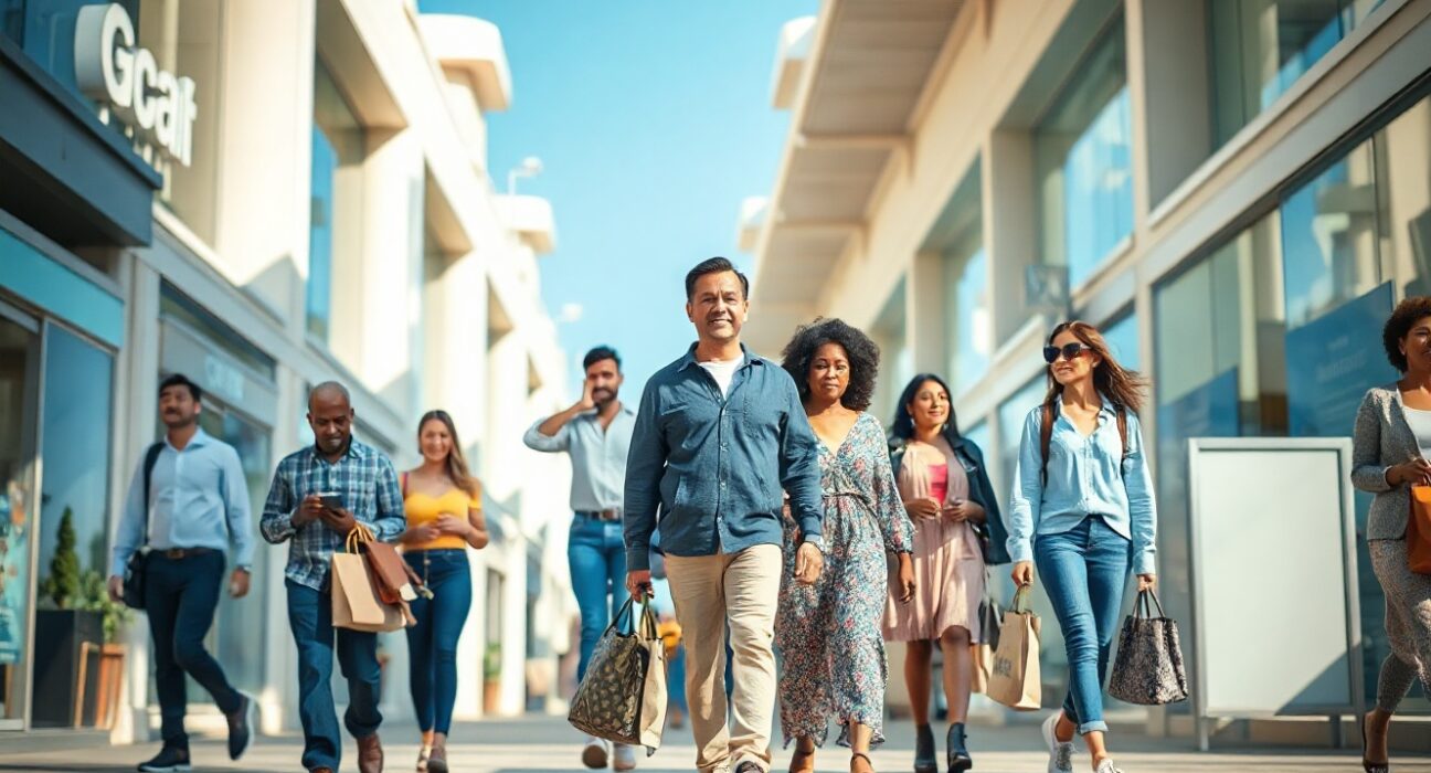 Shoppers walking in a sunlit retail district, reflecting consumer sentiment.