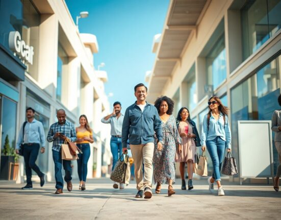 Shoppers walking in a sunlit retail district, reflecting consumer sentiment.