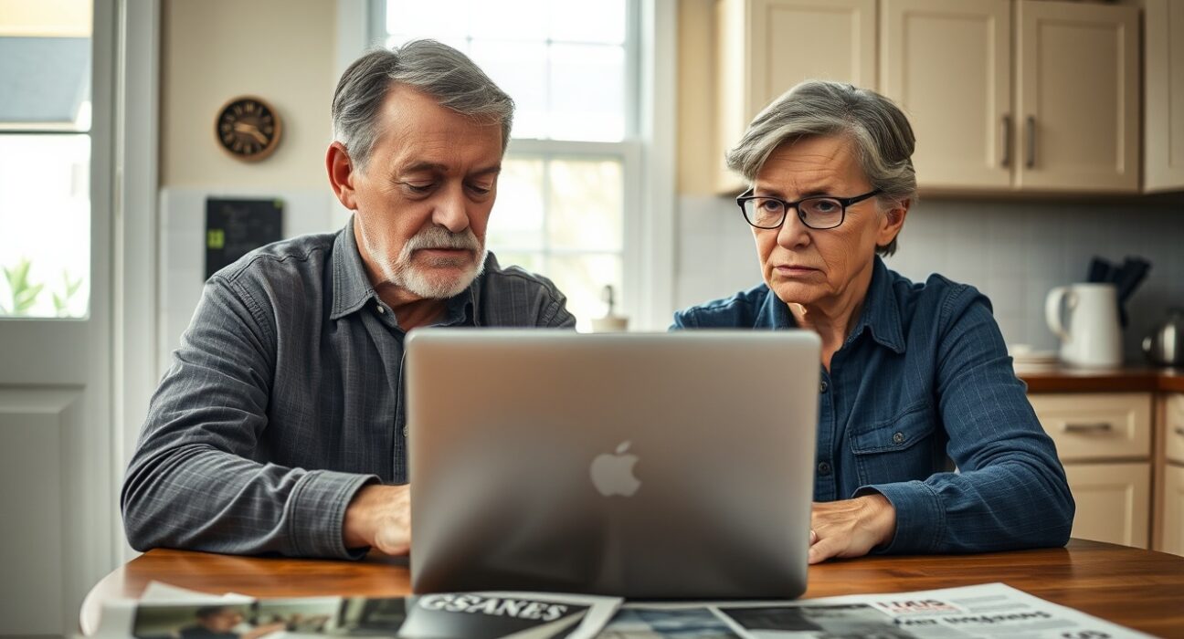 Concerned couple reviewing finances on laptop at home kitchen table