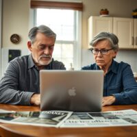Concerned couple reviewing finances on laptop at home kitchen table