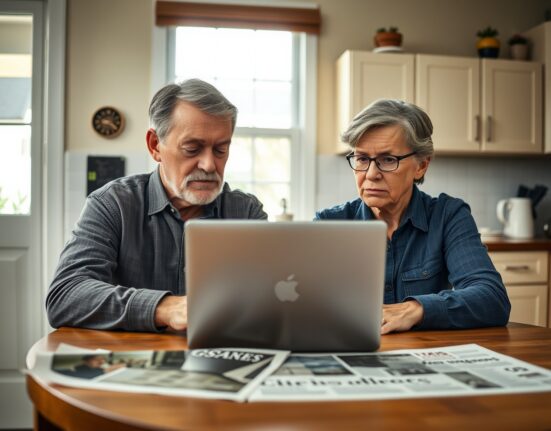Concerned couple reviewing finances on laptop at home kitchen table