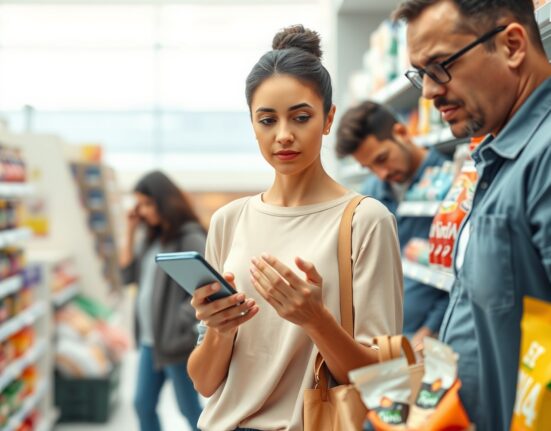 Analysis of the US Consumer Sentiment Index forecast for March 2025 showing thoughtful consumers in a retail setting.