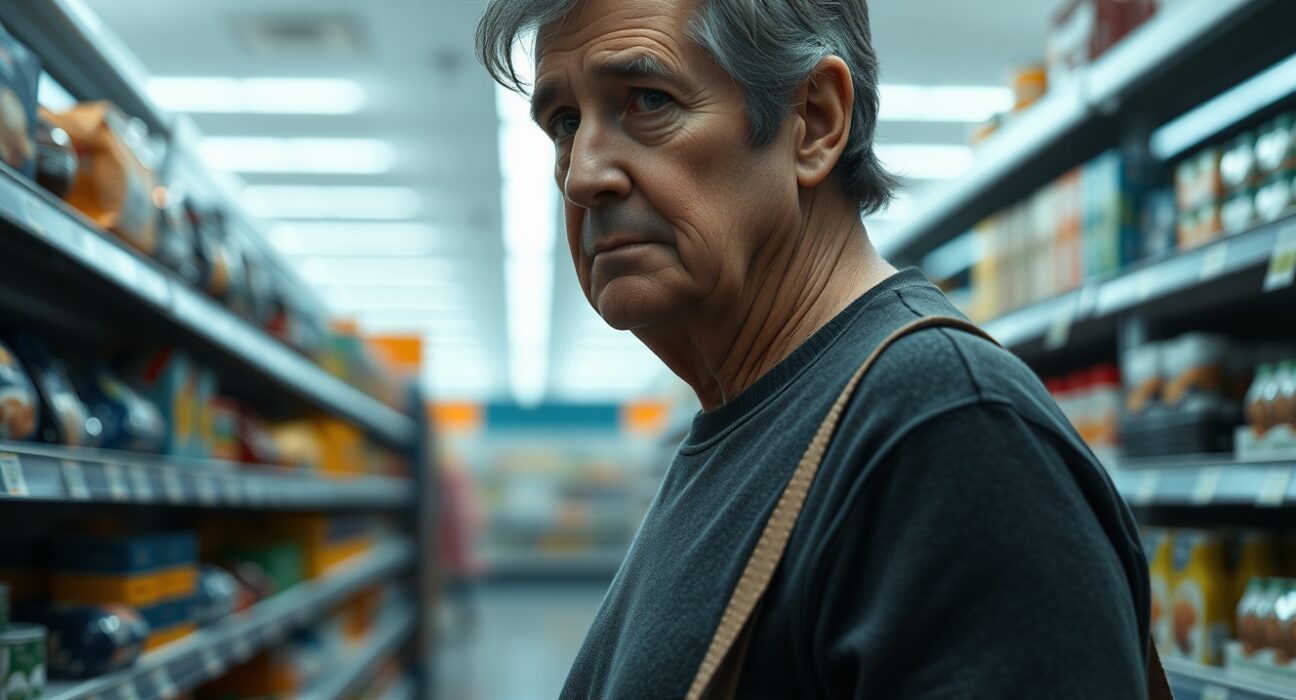 Shopper looking at price tags with worried expression in a grocery store aisle.