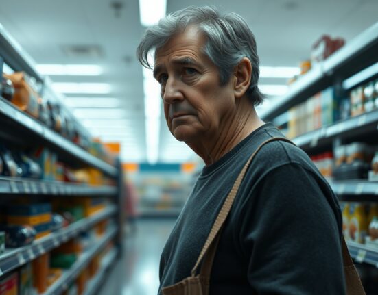 Shopper looking at price tags with worried expression in a grocery store aisle.