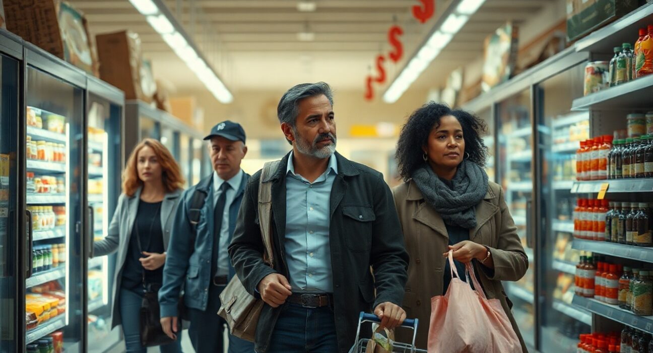 Shoppers in a grocery store looking at prices with concerned expressions, reflecting consumer sentiment concerns.