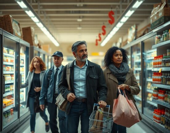 Shoppers in a grocery store looking at prices with concerned expressions, reflecting consumer sentiment concerns.