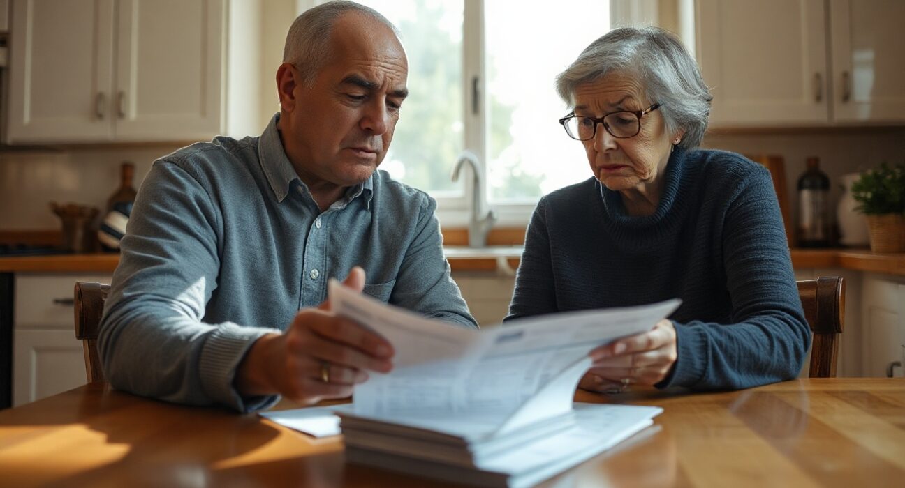 US couple reviewing bills and bank statements at home, reflecting consumer financial caution.