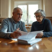 US couple reviewing bills and bank statements at home, reflecting consumer financial caution.