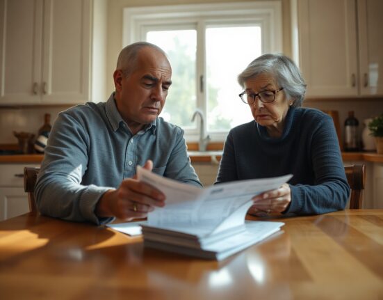 US couple reviewing bills and bank statements at home, reflecting consumer financial caution.