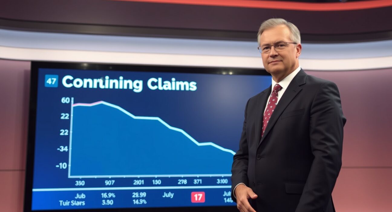 News anchor or economist beside a digital display showing a declining US continuing jobless claims chart for July 17