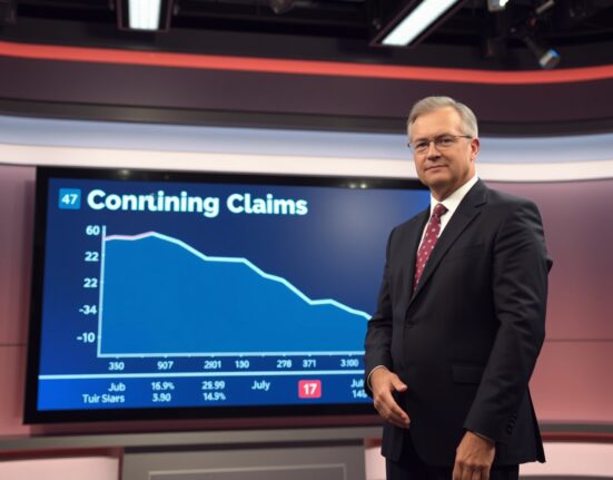 News anchor or economist beside a digital display showing a declining US continuing jobless claims chart for July 17