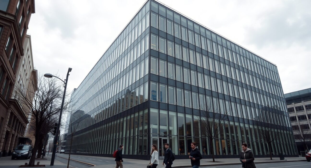 Office building exterior under overcast sky, symbolizing US labor market conditions.