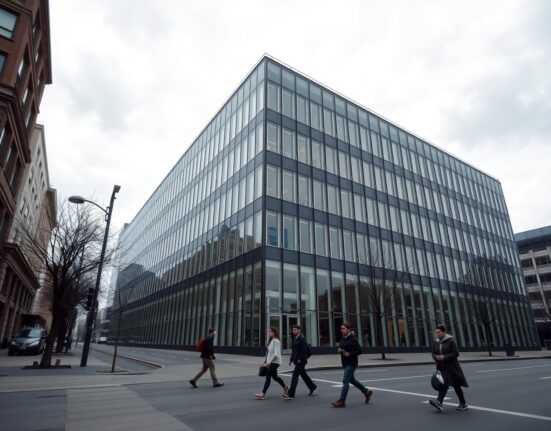 Office building exterior under overcast sky, symbolizing US labor market conditions.