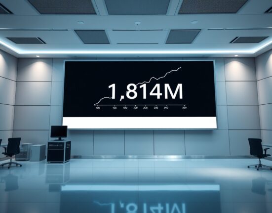 Digital display showing US continuing jobless claims data chart at 1.814 million.