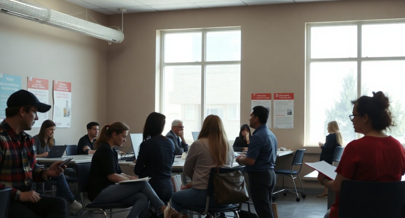 People waiting at a US unemployment office, reflecting jobless claims data.