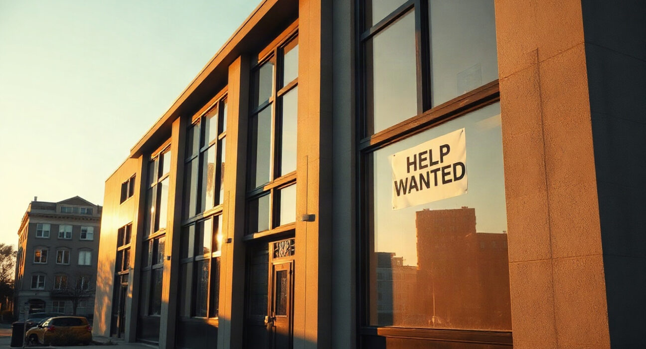 Exterior of an office building with a Help Wanted sign, symbolizing labor market conditions.