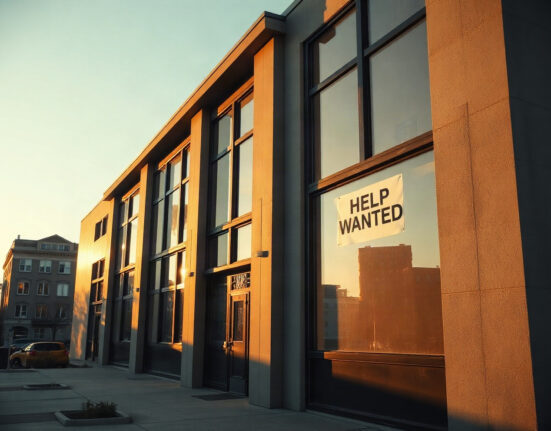 Exterior of an office building with a Help Wanted sign, symbolizing labor market conditions.