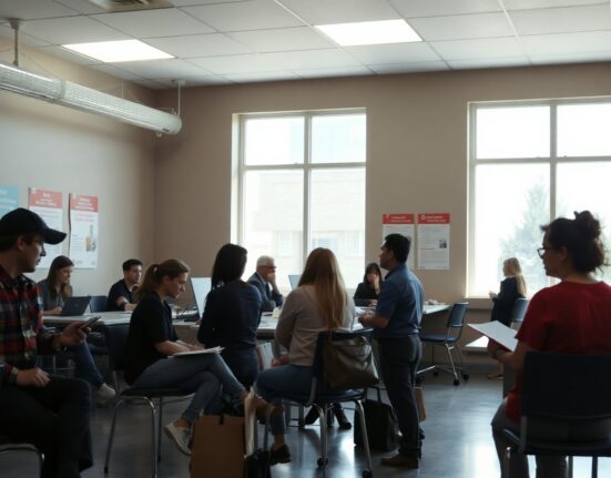 People waiting at a US unemployment office, reflecting jobless claims data.