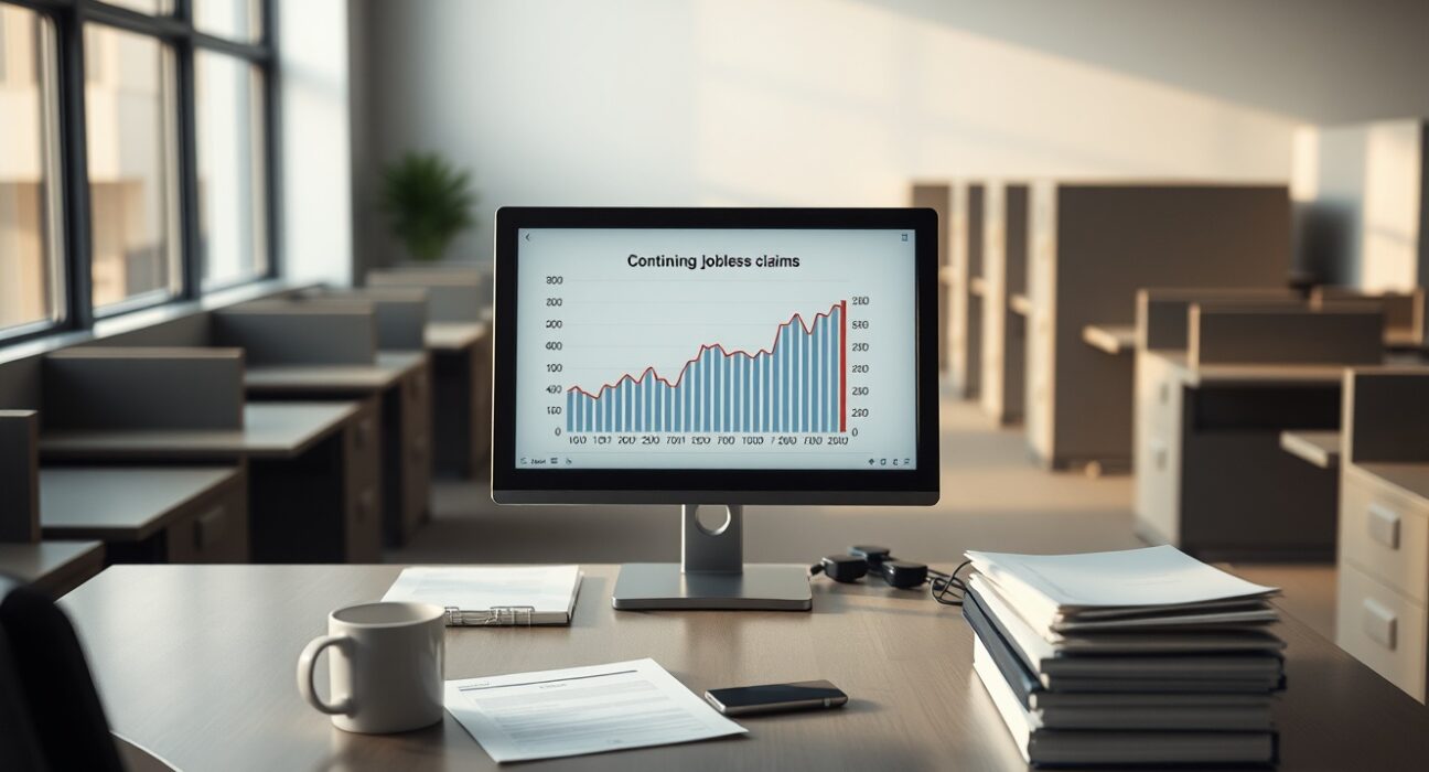 Desk with computer monitor showing jobless claims chart in a US unemployment office
