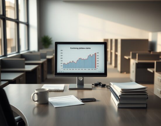 Desk with computer monitor showing jobless claims chart in a US unemployment office