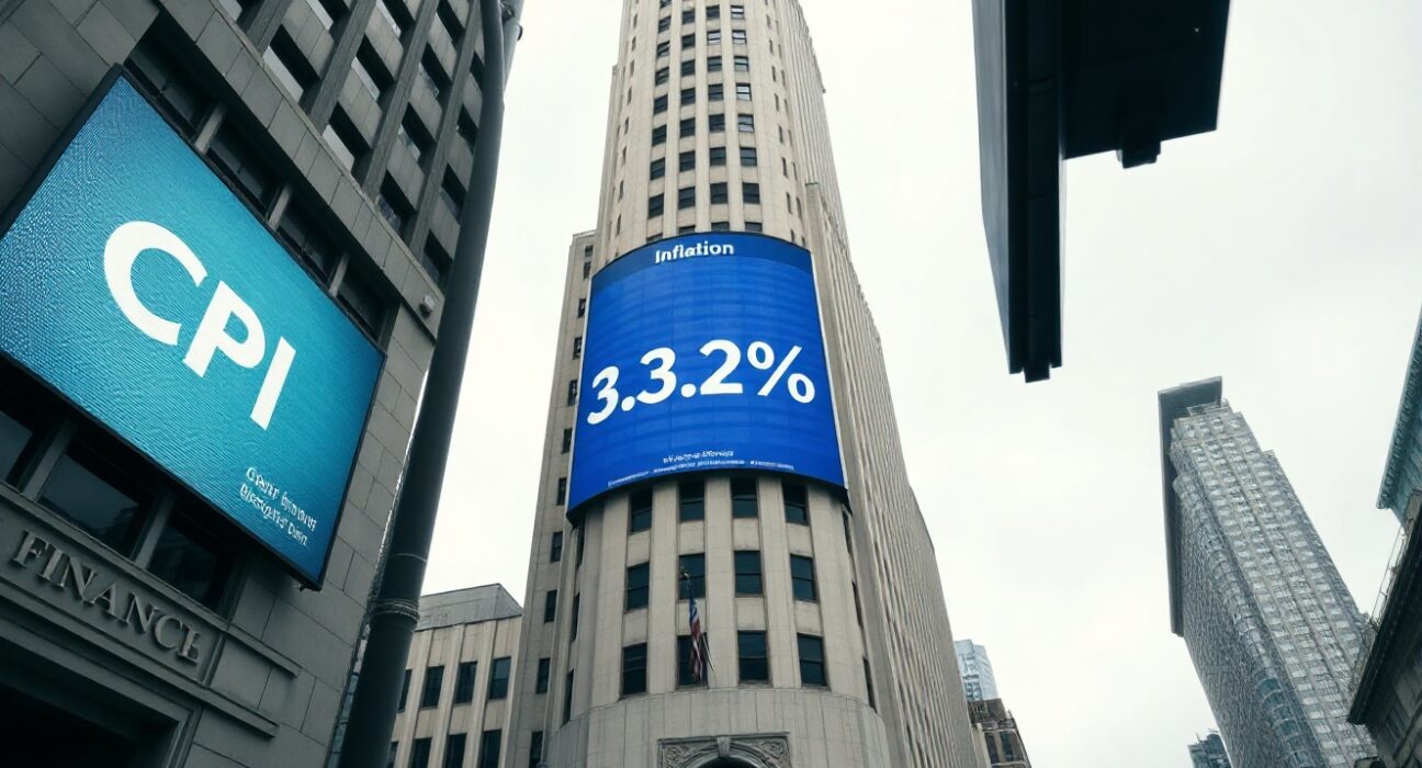 Financial district building with a digital display showing CPI inflation data in a US city.