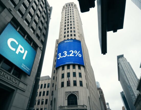Financial district building with a digital display showing CPI inflation data in a US city.