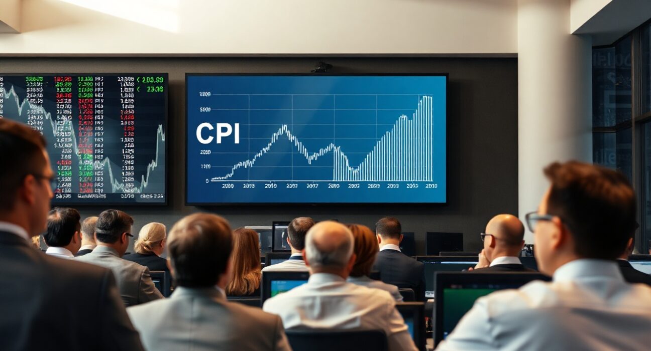 Traders monitoring a CPI inflation chart on a screen in a financial newsroom