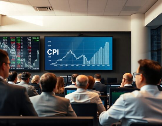 Traders monitoring a CPI inflation chart on a screen in a financial newsroom