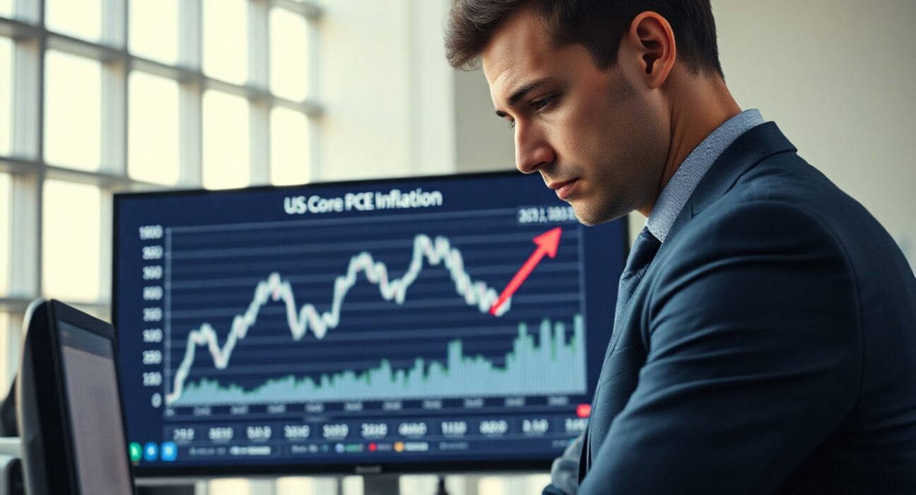Financial analyst reviewing core PCE inflation chart on digital screen in modern office