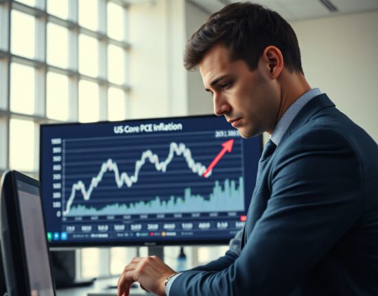Financial analyst reviewing core PCE inflation chart on digital screen in modern office