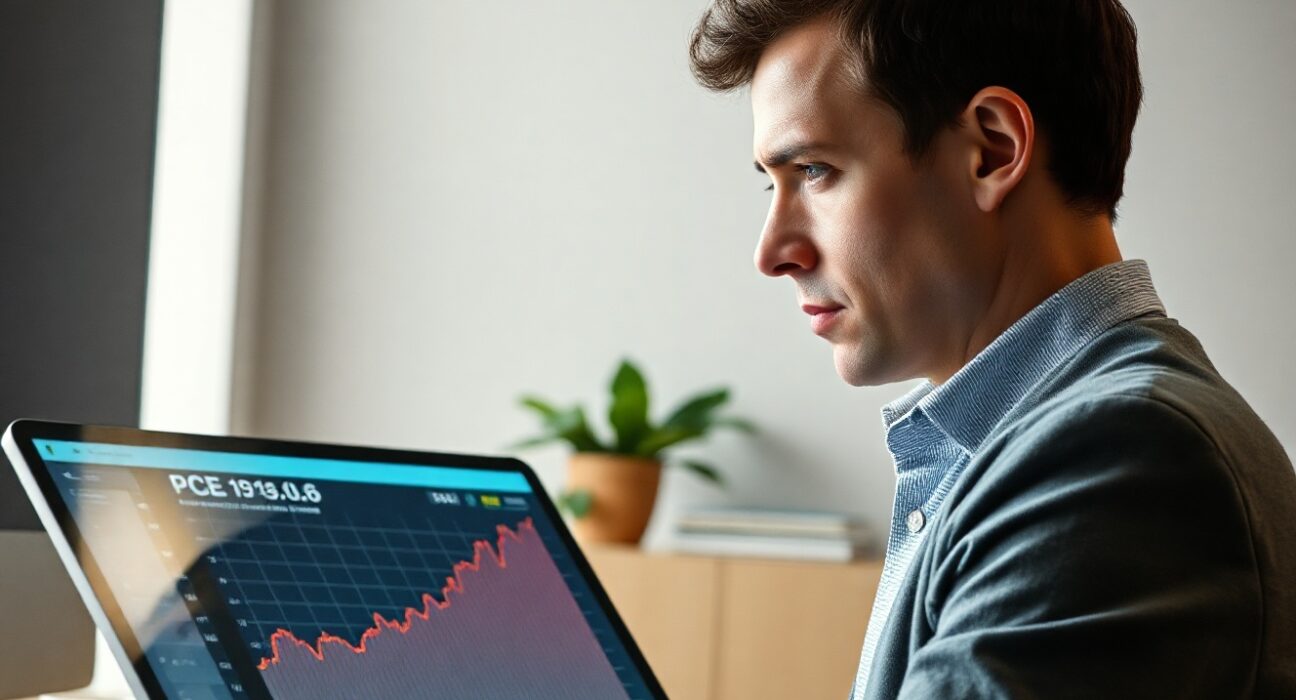 Financial analyst monitoring rising PCE inflation data on a digital display
