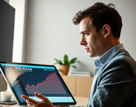 Financial analyst monitoring rising PCE inflation data on a digital display
