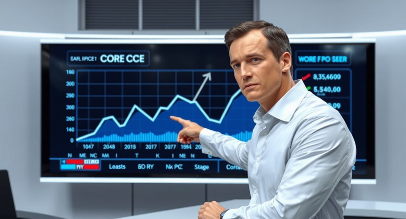 Financial analyst pointing at rising Core PCE inflation chart on digital display