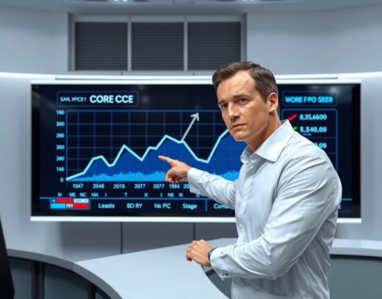 Financial analyst pointing at rising Core PCE inflation chart on digital display