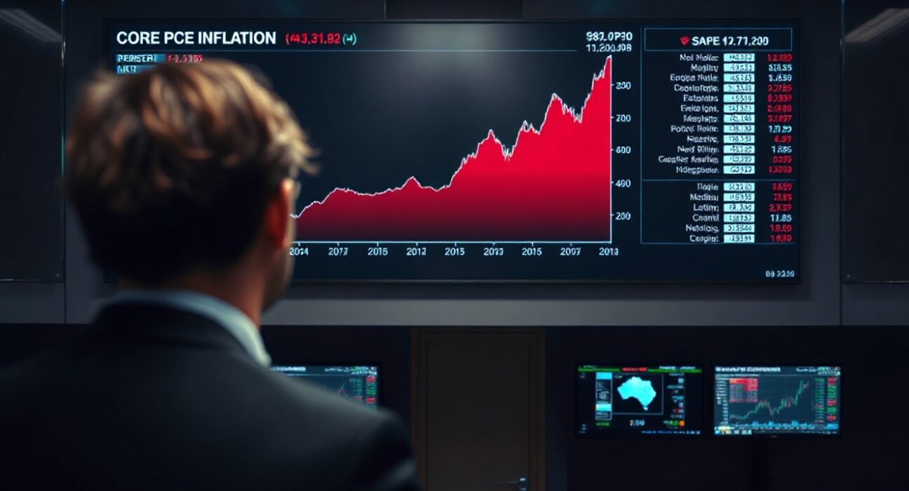 Financial data screen showing rising core PCE inflation chart in a newsroom