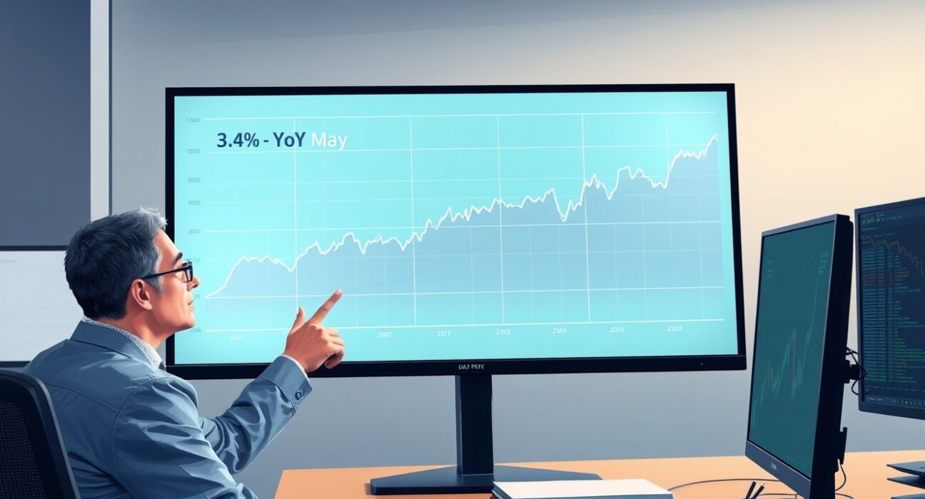 Financial analyst pointing to US Core PCE inflation chart showing 3.4% YoY for May