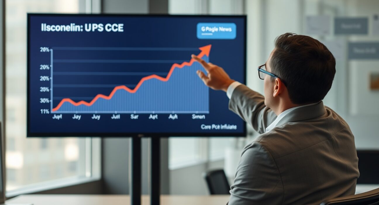 Financial analyst pointing to rising US Core PCE inflation graph on digital screen