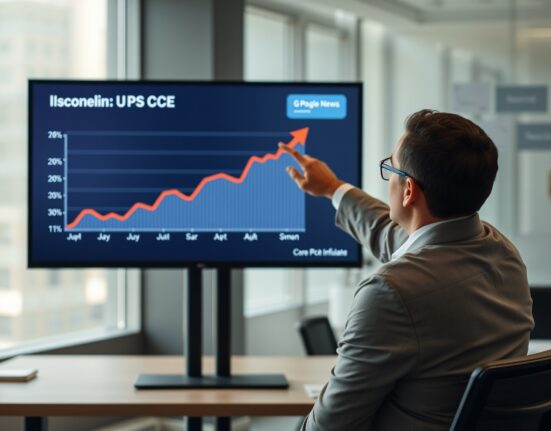 Financial analyst pointing to rising US Core PCE inflation graph on digital screen