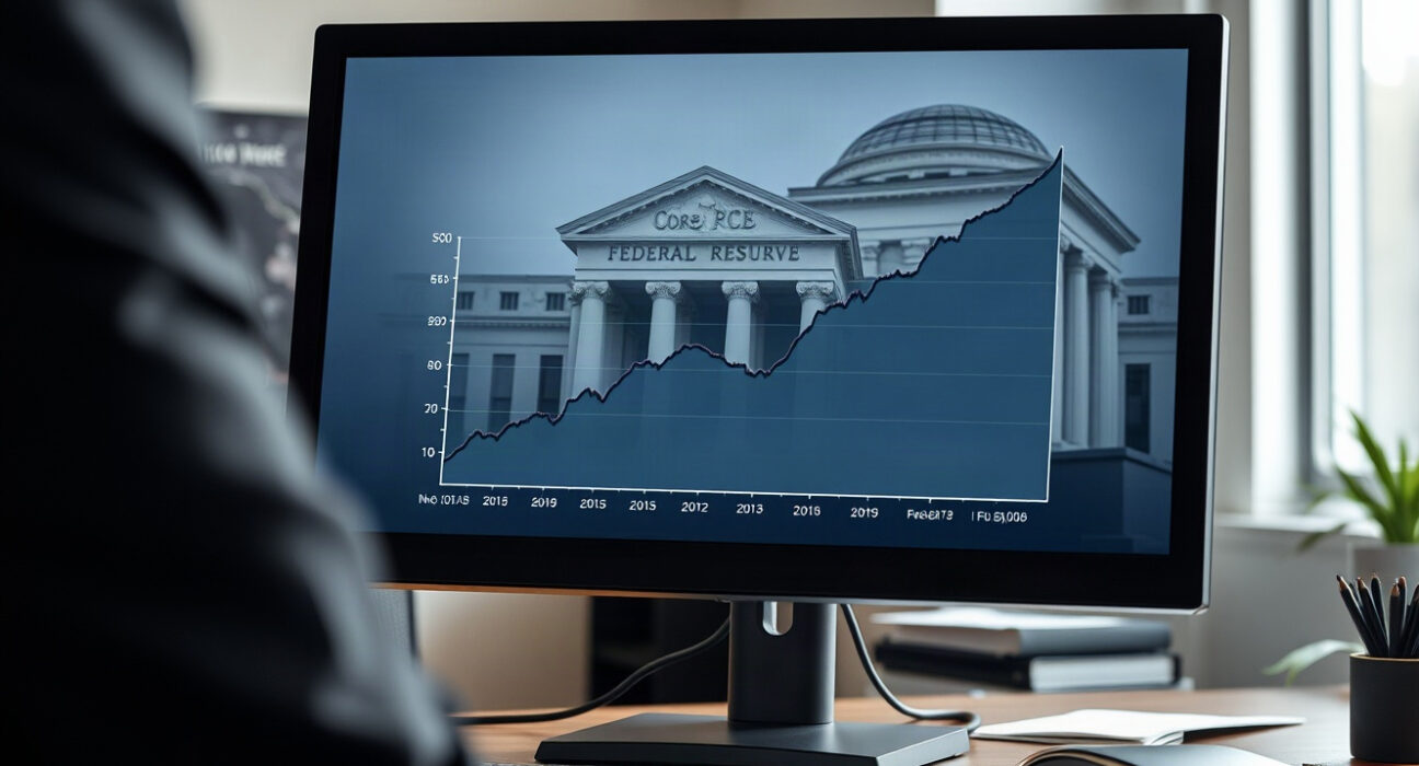 Analyst reviewing Core PCE inflation chart on monitor with Federal Reserve building in background