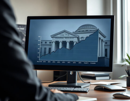 Analyst reviewing Core PCE inflation chart on monitor with Federal Reserve building in background
