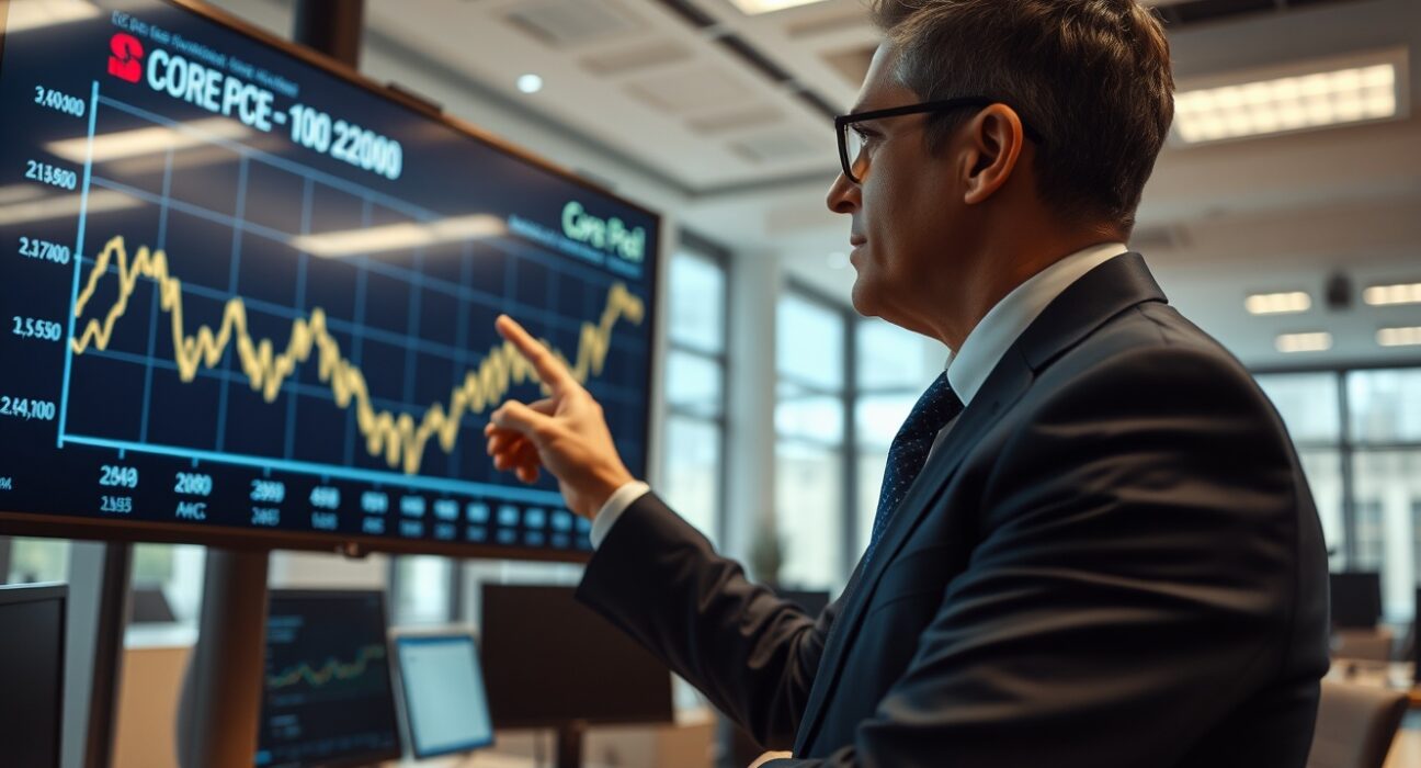 Financial analyst reviewing Core PCE inflation data on a digital display in a newsroom setting