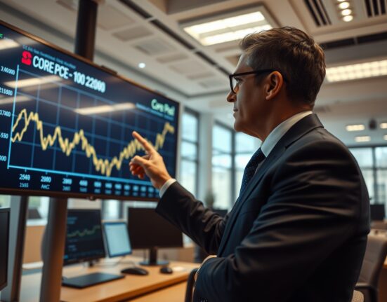 Financial analyst reviewing Core PCE inflation data on a digital display in a newsroom setting