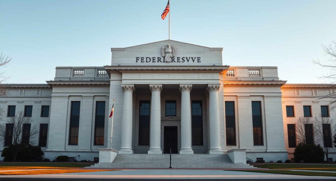 Federal Reserve building in Washington, D.C., on a clear morning.