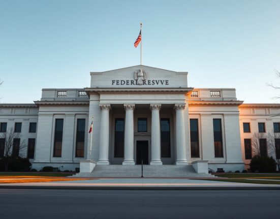 Federal Reserve building in Washington, D.C., on a clear morning.